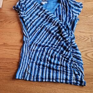 New York & Company Blue Striped Wrap-Effect Blouse